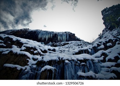 Ice Sickles On A Basalt Cliff In The Upper Deschutes River Canyon Oregon