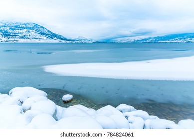 Ice And Snow On Okanagan Lake In Winter After A Snowstorm