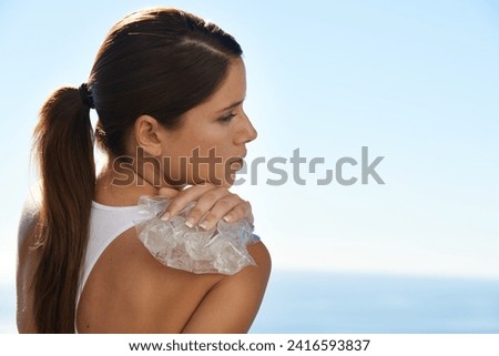 Ice, sports and back of woman with injury, pain or hurt shoulder for outdoor cardio training. Fitness, accident and female athlete with frost pack for inflammation, bruise or sore muscle of running.