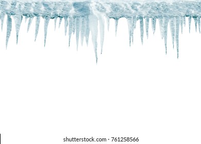 Ice stalactites on white background