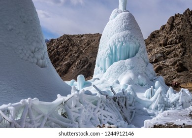 Ice Stupa Structure In Winter Leh Ladakh, India.