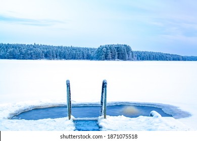 Ice Swimming Place From Kuhmo, Finland.	Cold Snowy Lake View.