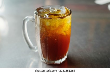 Ice Tea - Close Up Detail Of Ice Tea Glass. Fresh Ice Tea On The Table