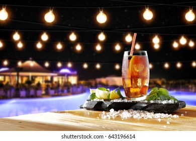 Ice Tea And Summer Bar At Night 