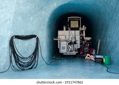 Ice Tunnel And Cave Maintenance Equipment Parked In Dedicated Ice Garage At Bottom Of Mer The Glace Glacier In Chamonix France