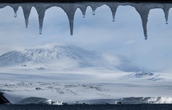 Iceberg Below, Mountain, Erebus;   Mount Erebus, Through A Fringe, Of Icicles Outside, A Cabin Window;  Northern Slope, Of Mt. Erebus; Ross Island, Antarctica Bay