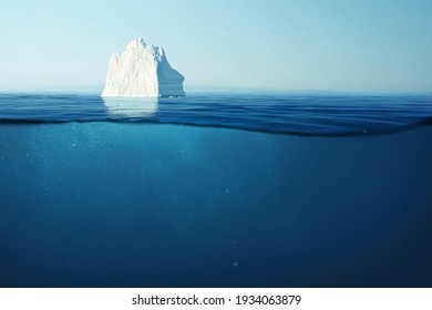Iceberg floats in the ocean with an underwater view. Glacier melting and global warming concept