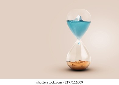 Iceberg glacier melting in a glass clock with a drop and a desert. Global warming. Drying up rivers and lakes, concept. Save the planet. Disappearance of water. Time and the end of life, creative - Shutterstock ID 2197111009