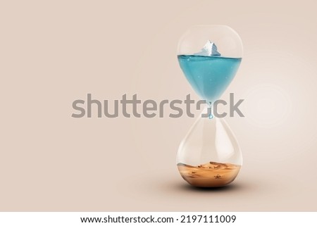 Iceberg glacier melting in a glass clock with a drop and a desert. Global warming. Drying up rivers and lakes, concept. Save the planet. Disappearance of water. Time and the end of life, creative