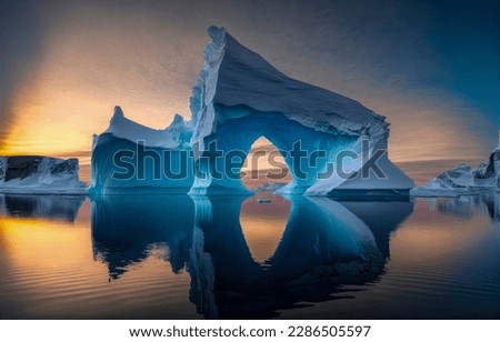 Iceberg in the ocean at dawn. Iceberg reflection in water. Beautiful iceberg in ocean water. Iceberg at dawn landscape