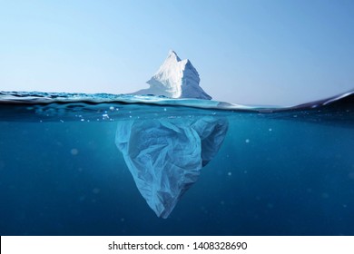 Iceberg - plastic bag with a view under the water. Pollution of the oceans. Plastic bag environment pollution with iceberg.  - Shutterstock ID 1408328690