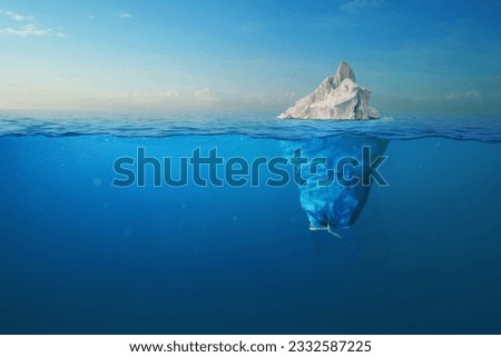Iceberg - plastic bag with a view under the water. Pollution of the oceans. Plastic bag environment pollution with iceberg. The tip of the iceberg and a plastic bag full of trash