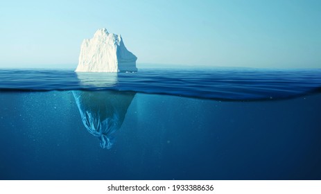 Iceberg with a plastic garbage bag underwater, the concept of pollution of the oceans and nature. Garbage in the water and melting glaciers. Environmental pollution