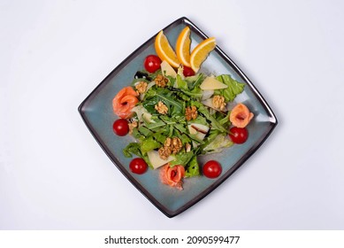 Iceberg Salad, With Salmon, Walnuts, Tomatoes, Cheese And Lemon