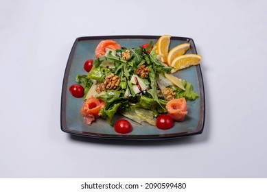 Iceberg Salad, With Salmon, Walnuts, Tomatoes, Cheese And Lemon