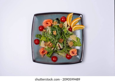 Iceberg Salad, With Salmon, Walnuts, Tomatoes, Cheese And Lemon