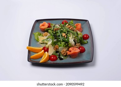 Iceberg Salad, With Salmon, Walnuts, Tomatoes, Cheese And Lemon