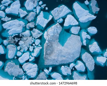 Icebergs Drone Aerial Image Top View - Climate Change And Global Warming. Icebergs From Melting Glacier In Icefjord In Ilulissat, Greenland. Arctic Nature Ice Landscape In Unesco World Heritage Site.