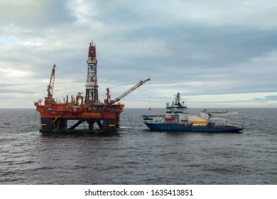  Icebreaker Alongside An Oil Rig In The Arctic At Kara Sea Russia.