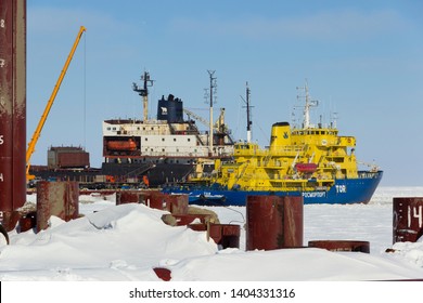 Icebreaker And Crane In The Port Sabetta. Russia, Yamal, Kara Sea. Winter Sunny