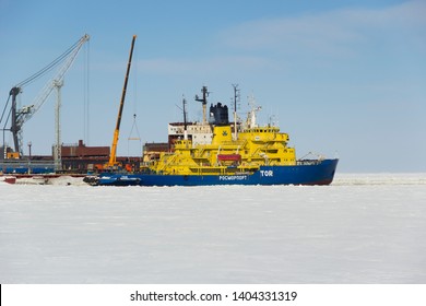 Icebreaker And Cranes In The Port Sabetta. Russia, Yamal, Kara Sea. Winter Sunny