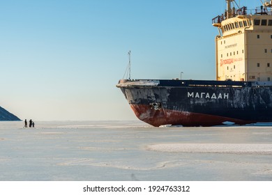 Icebreaker Magadan And People. Bay Nagayeva, Sea Of Okhotsk, Russia, February 2021