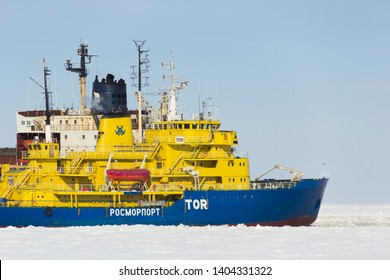 Icebreaker In The Port Sabetta. Russia, Yamal, Kara Sea. Winter Sunny