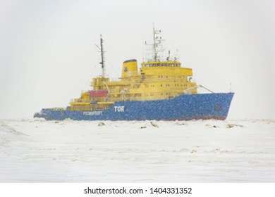 Icebreaker In The Port Sabetta. Russia, Yamal, Kara Sea. Winter, Snowfall