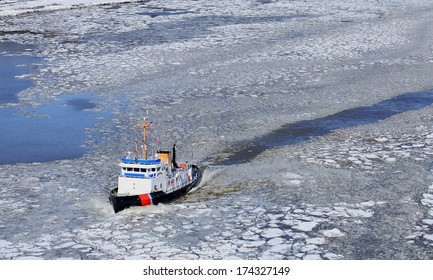 Icebreaker Ship In Frozen Hudson River