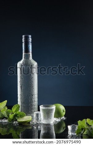 Ice-cold bottle of vodka with shot glasses on dark blue background with copy space. Vertical format.
