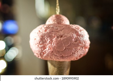 Icecream Cone Artificial Hanging On Display Of Cafe Store Venchi In Milan, Italy. Ice Cream Cone Decorative Background.