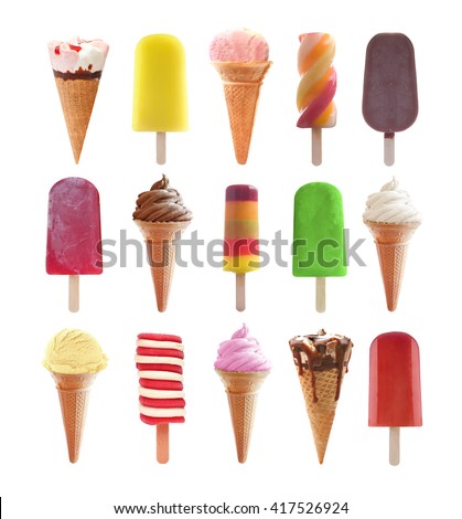 Icecream, ice lollies and popsicles as a collection over a white background