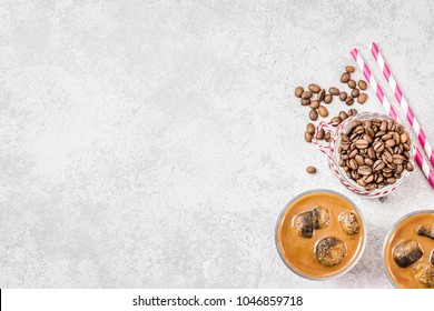 Iced Almond Milk Latte On Concrete Background. Top View, Space For Text.