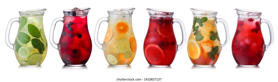 Iced beverages and cocktails in glass pitchers, a set of