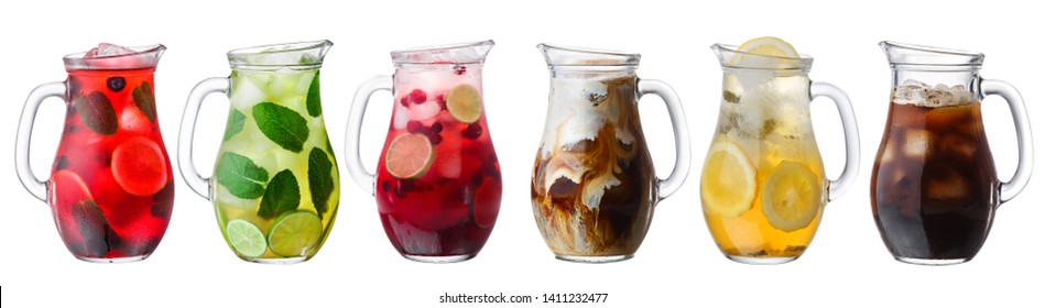 Iced beverages and cocktails in glass pitchers, a set of