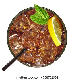 Iced Black Tea And Lemon In Glass With Straw Isolated On White Background. From Top View.