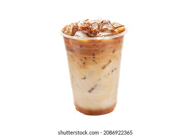 Iced Caramel Macchiato Isolated On White Background With Clipping Path