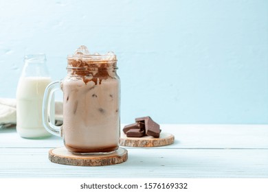 Iced Chocolate Milkshake Drink On Wood Background