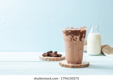 Iced Chocolate Milkshake Drink On Wood Background