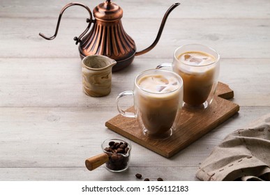 Iced Coffee Cappuccino in the Double Wall Glass, Copy Space  for text