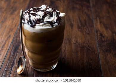 Iced Coffee Chocolate Frappe / Frappuccino With Whipped Cream, Chocolate Syrup And Spoon