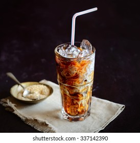 iced coffee and cream, napkin, brown sugar - Shutterstock ID 337142390