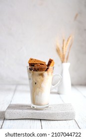 Iced Coffee Dalgona Latte With Dalgona Candy, Cafe Beverage Drink 