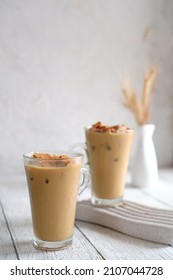 Iced Coffee Dalgona Latte With Dalgona Candy, Cafe Beverage Drink 