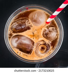 Iced Coffee With Juice, Soda, Iced Layered Coffee Drink, Top View, Flat Lay