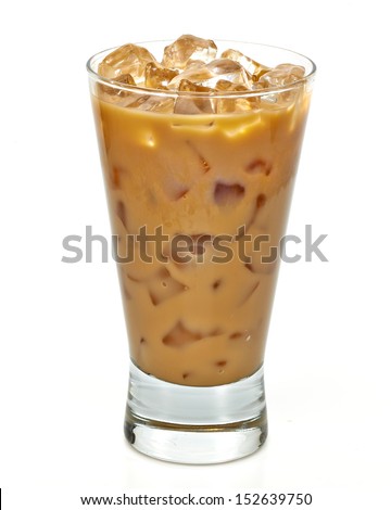 Iced coffee latte in long glass isolated on white background with clipping path
