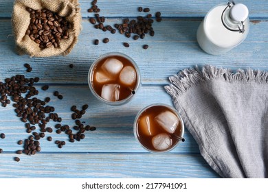 Iced Coffee On A Table Flat Lay