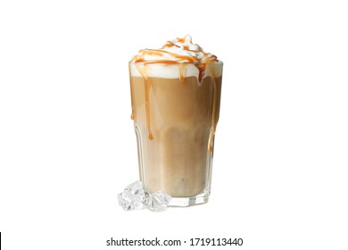 Iced coffee with poured cream isolated on white background