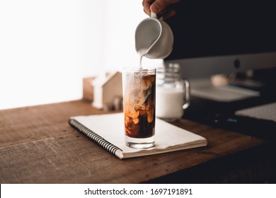 Iced Coffee, Put Milk In A Glass On The Table To Work At Home