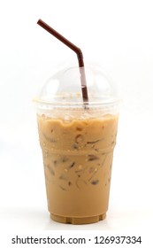 Iced Coffee With Straw In Plastic Cup Isolated On White Background